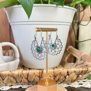 Boho Mandala Filigree Earrings Green Malachite Stone Silver Tone Bohemian